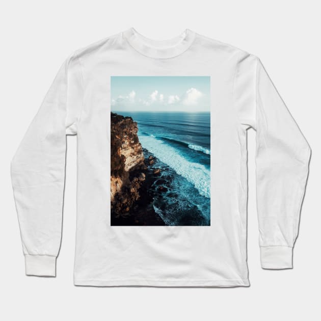 Cliffside Blue Ocean Waves - Aesthetic Long Sleeve T-Shirt by Ravensdesign